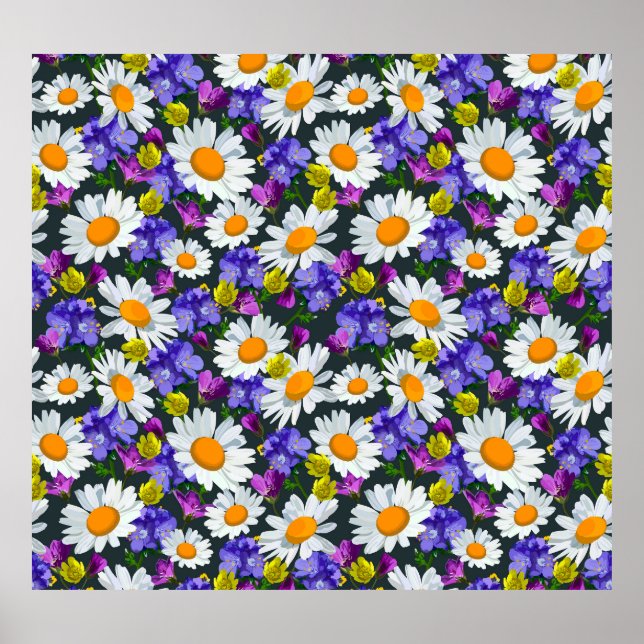 Camomile, wild flowers: seamless pattern. poster (Front)