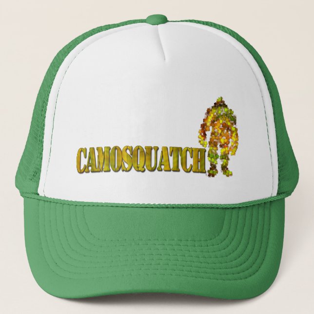 CamoSquatch: Bobo will never find Bigfoot Trucker Hat (Front)