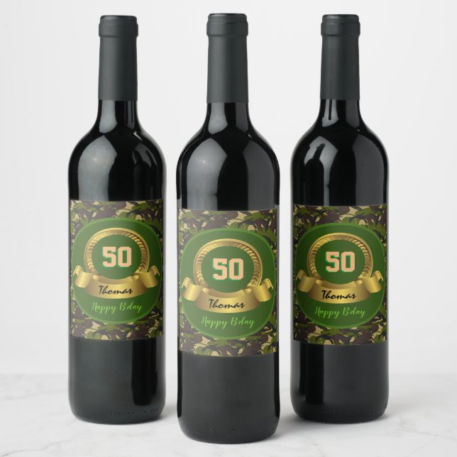 Camouflage army green 50th Birthday / hunter party Wine Label (Bottles)