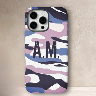 Camouflage Army Monogram Blue Pink iPhone 16 Pro Max Case