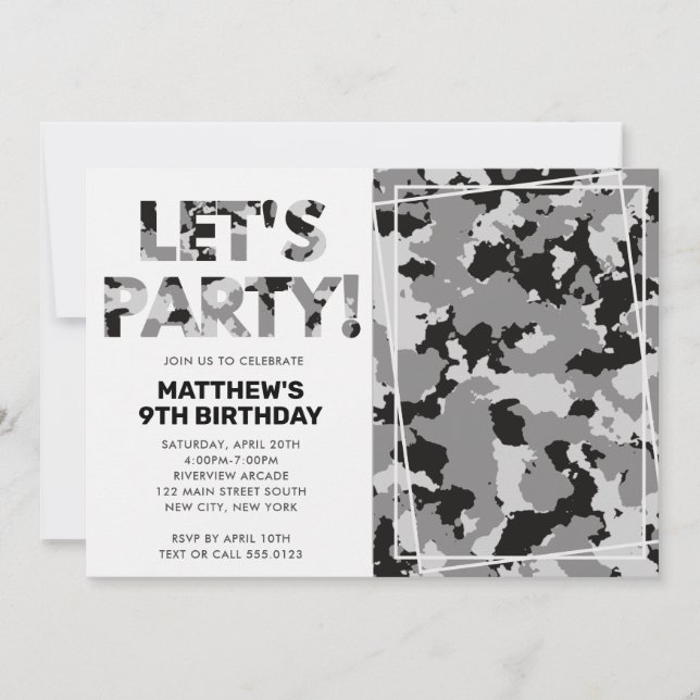 Camouflage Birthday, Let's Party Grey Camo Photo Invitation (Front)