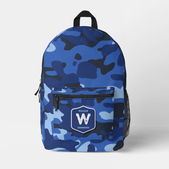Camouflage Blue Camo Army Pattern Monogram Boy Printed Backpack (Front)