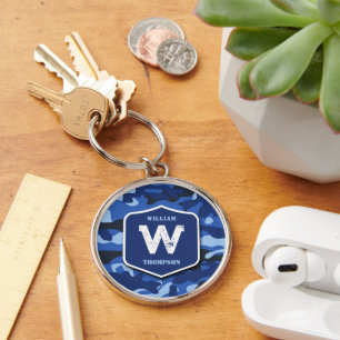 Camouflage Blue Camo Army Pattern Monogram Key Ring
