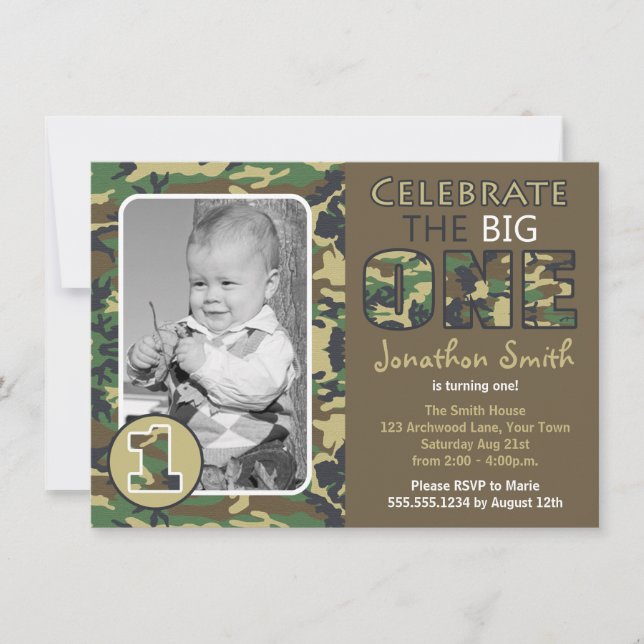 Camouflage / Camo Theme First Birthday Invitation (Front)