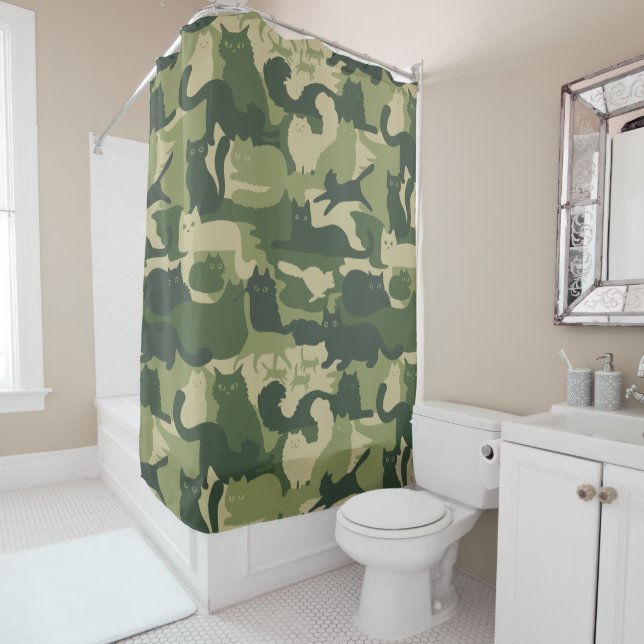 Camouflage Cats | Army Green Kitty Cats Camo Shower Curtain (In Situ)