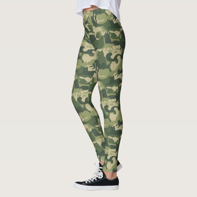 Camouflage Cats Pattern Army Green Kitty Cats Camo Leggings (Left)
