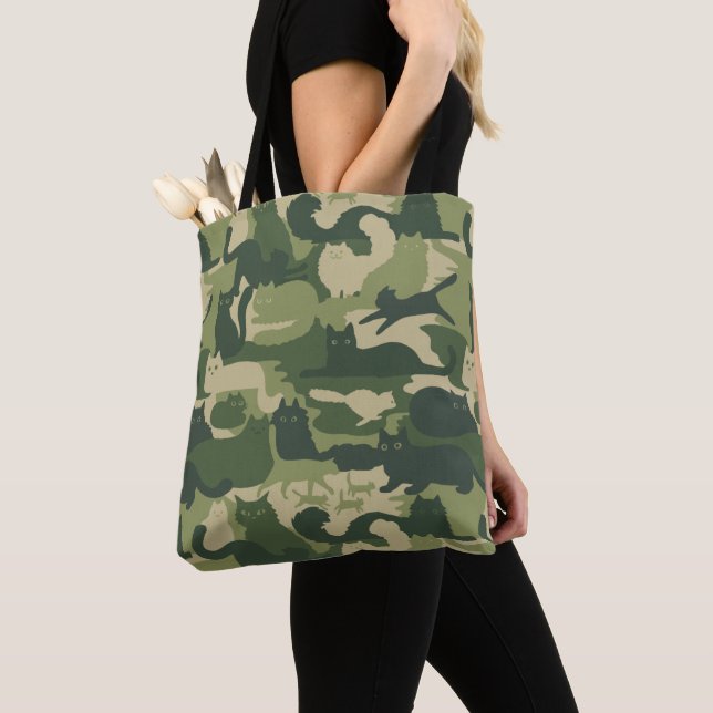 Camouflage Cats Pattern Army Green Kitty Cats Camo Tote Bag (Close Up)