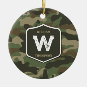 Camouflage Green Camo Army Pattern Monogram  Ceramic Tree Decoration