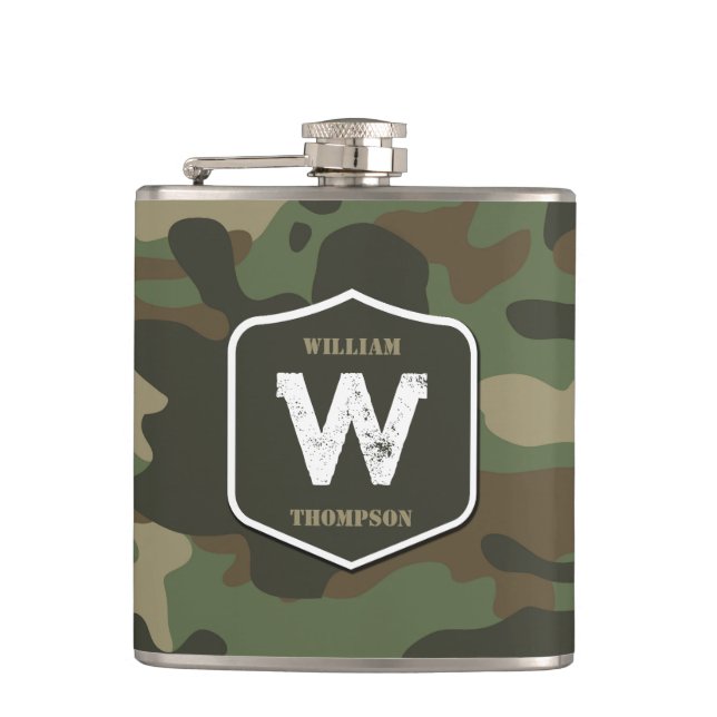Camouflage Green Camo Army Pattern Monogram Hip Flask (Front)