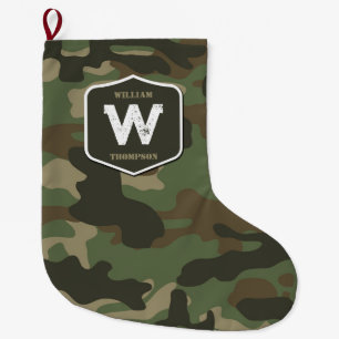 Camouflage Green Camo Army Pattern Monogram   Large Christmas Stocking