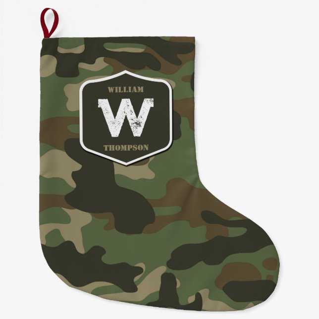 Camouflage Green Camo Army Pattern Monogram   Large Christmas Stocking (Front)