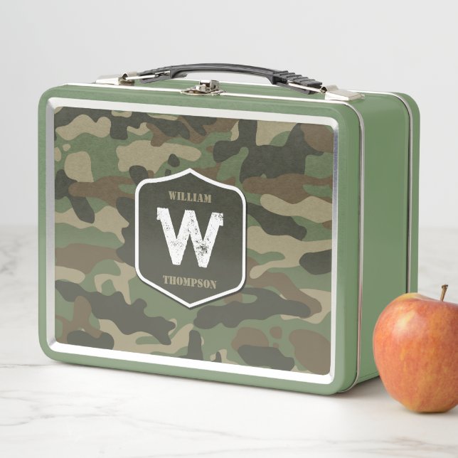 Camouflage Green Camo Army Pattern Monogram  Metal Lunch Box (In Situ)