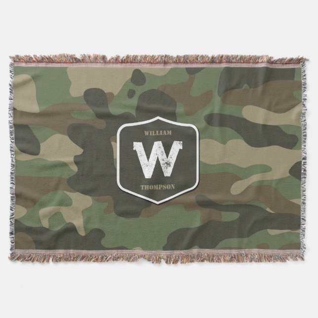 Camouflage Green Camo Army Pattern Monogram  Throw Blanket (Front)