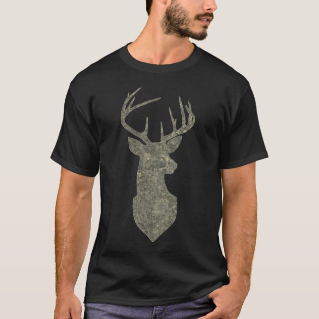 Camouflage Green Distressed Deer Silhouette T-Shirt (Front)
