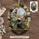 Camouflage Hunting One Photo Custom Personalised Ceramic Tree Decoration<br><div class="desc">Rustic camouflage oval ornament personalised with your photo and custom text. The sample commemorates a hunter's BIGGEST BUCK deer picture but the text is all editable for your needs. The design is duplicated on the back side. Ideal for outdoor photos like camping, hiking, etc. CHANGES: The text font style, size...</div>