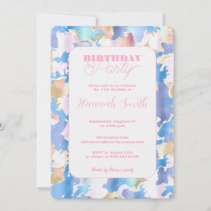 Camouflage Metallic Pink Blue Gold Abstract Invitation