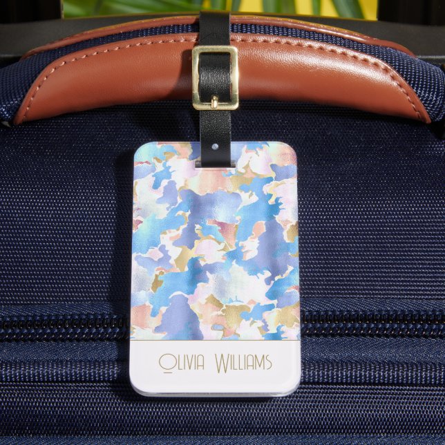 Camouflage Metallic Pink Blue Gold Abstract Luggage Tag (Front Insitu 2)