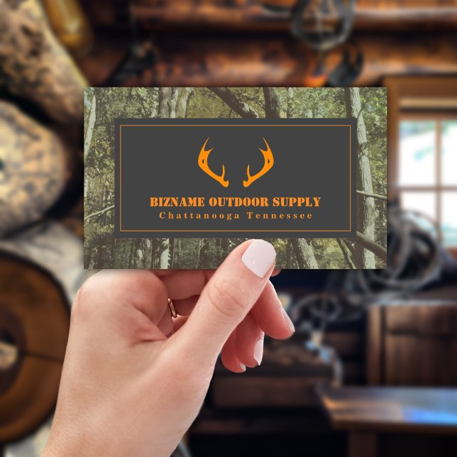 Camouflage + Orange Deer Antlers Outdoor Retail Business Card (Creator Uploaded)