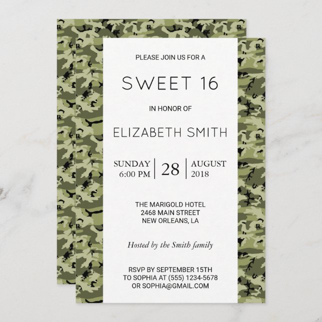 Camouflage Pattern, Camo, Military, Sweet 16 Invitation (Front/Back)