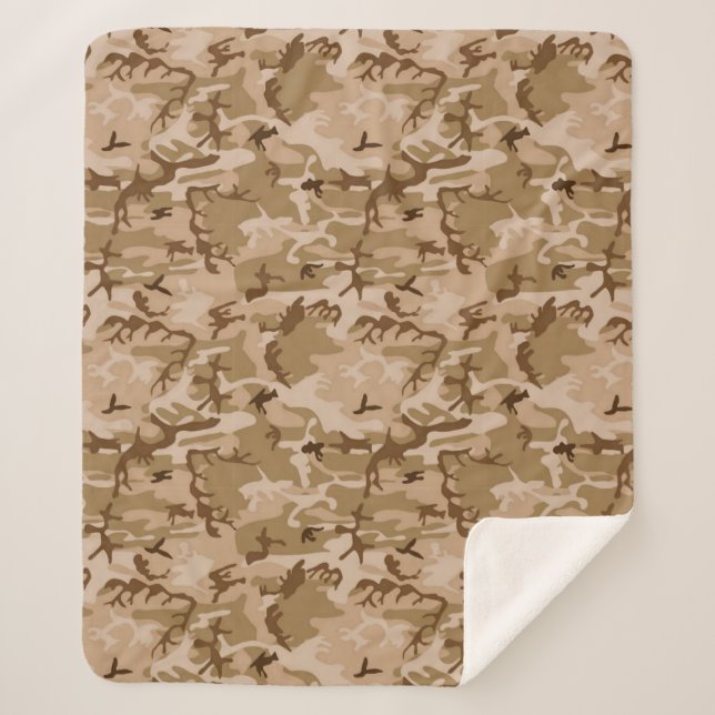 Camouflage Pattern, Desert Tan and Brown  Sherpa Blanket (Front)