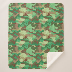 Camouflage Pattern, Green, Brown and Tan   Sherpa Blanket