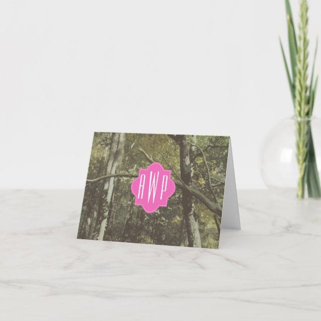 Camouflage + Pink Monogram Note Card (Front)