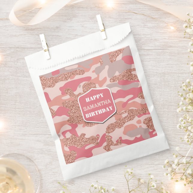 Camouflage Rose Gold Blush Pink Camo Army Birthday Favour Bags (Clipped)