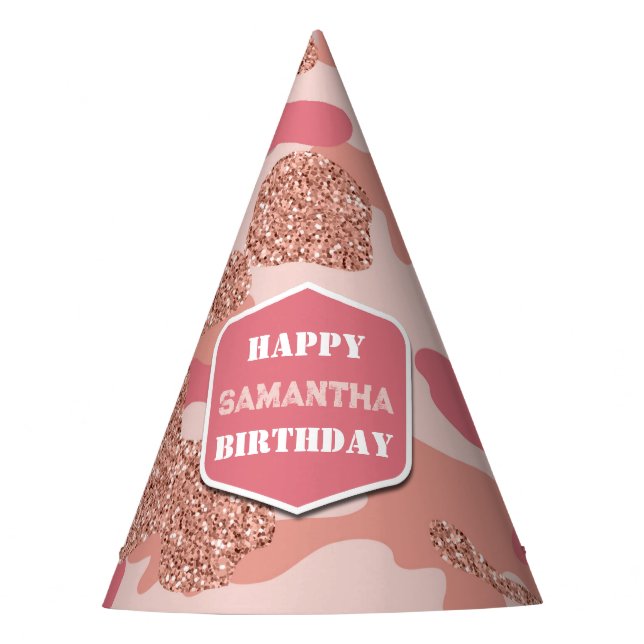 Camouflage Rose Gold Blush Pink Camo Army Birthday Party Hat (Front)