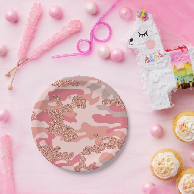 Camouflage Rose Gold Blush Pink Camo Army Pattern  Paper Plate (Party)