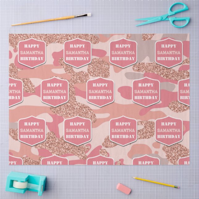 Camouflage Rose Gold Blush Pink Camo Birthday Name Tissue Paper (Craft)