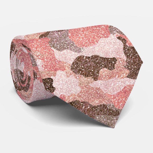 Camouflage Rose Gold Camo Glitter Glam Pattern Tie (Rolled)