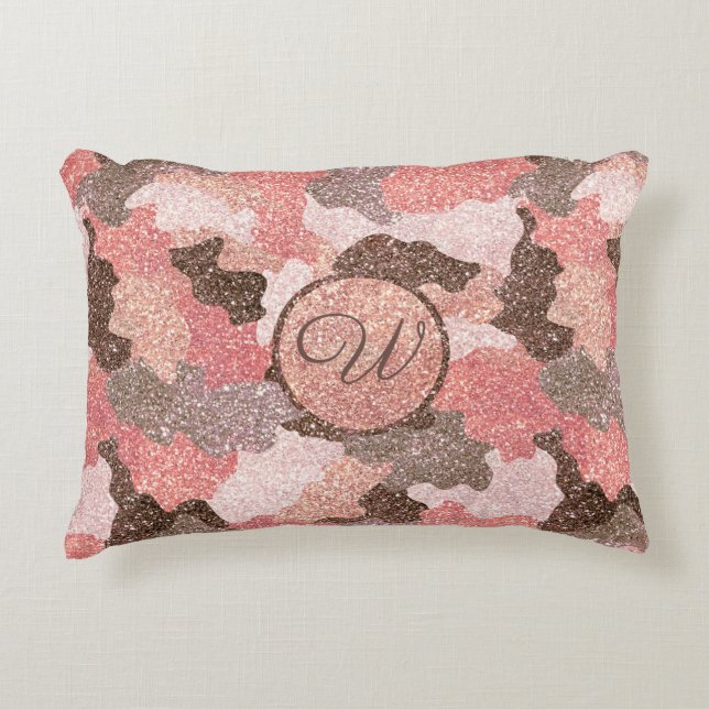Camouflage Rose Gold Glitter Camo Script Monogram Decorative Cushion (Front)