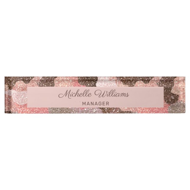 Camouflage Rose Gold Glitter Modern Script Nameplate (Front)