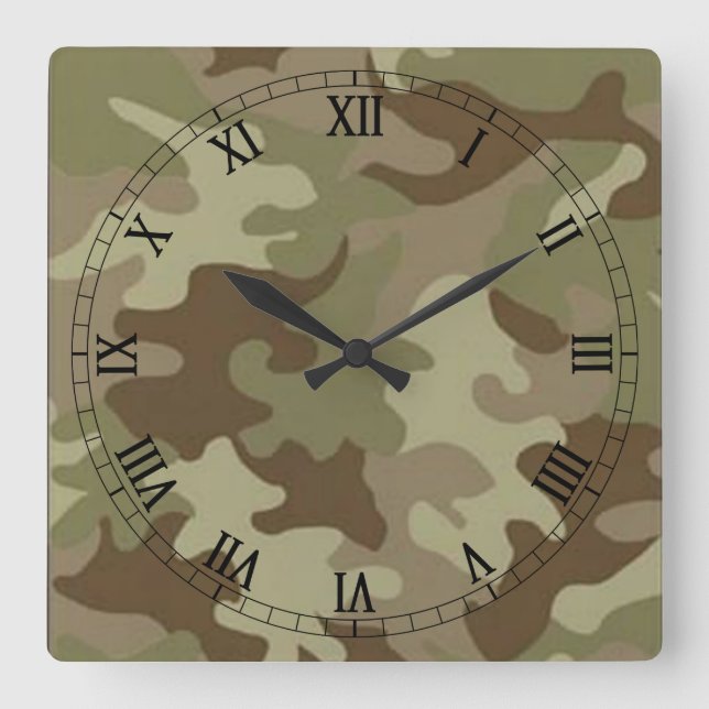 Camouflage Square Roman Numerals Clock (Front)