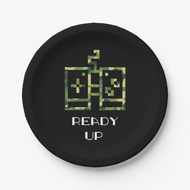 Camouflage Video Game Controller Ready Up Gamer Paper Plate (Front)