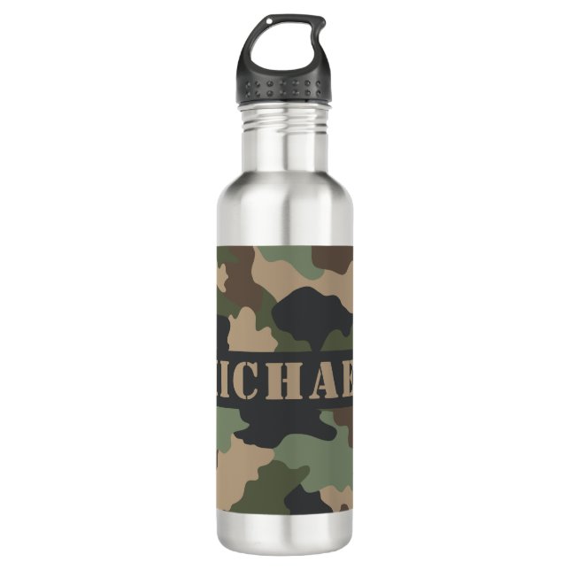 Camouflage Woodland Camo Khaki Tan Black Monogram 710 Ml Water Bottle (Front)