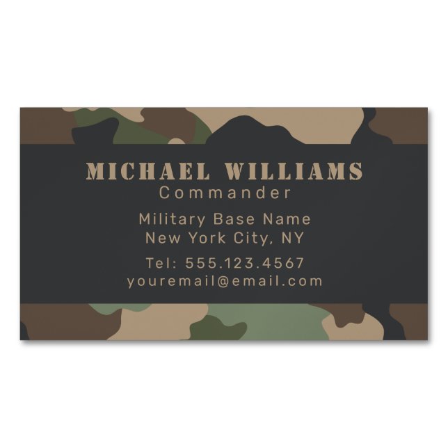 Camouflage Woodland Camo Khaki Tan Black Monogram Magnetic Business Card (Front)