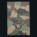 Camouflage Woodland Camo Khaki Tan Black Monogram Tea Towel<br><div class="desc">Decorate your kitchen in style with these camouflage kitchen towels. This trendy woodland camo pattern includes colors in khaki, sage green, tan, brown and charcoal black. Customize with your monogrammed initial in a tan stencil typography on black. The perfect gift for family and friends that are in the military or...</div>