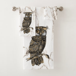 Camouflaged Owl on Brown Marble Bath Towel Set