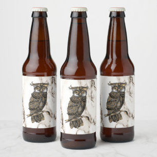Camouflaged Owl on Brown Marble Beer Bottle Label