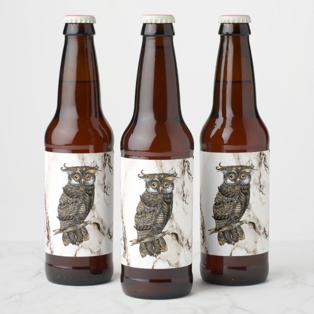 Camouflaged Owl on Brown Marble Beer Bottle Label (Bottles)