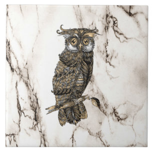 Camouflaged Owl on Brown Marble Tile