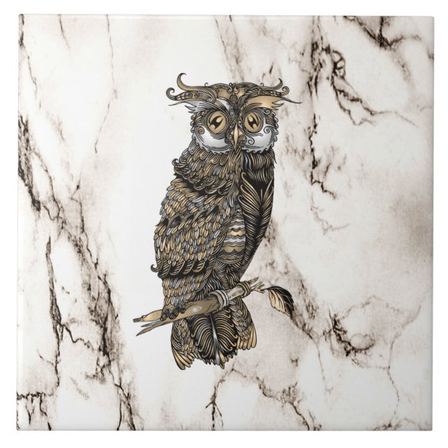 Camouflaged Owl on Brown Marble Tile (Front)