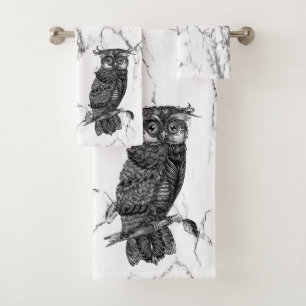 Camouflaged Owl on Marble Bath Towel Set