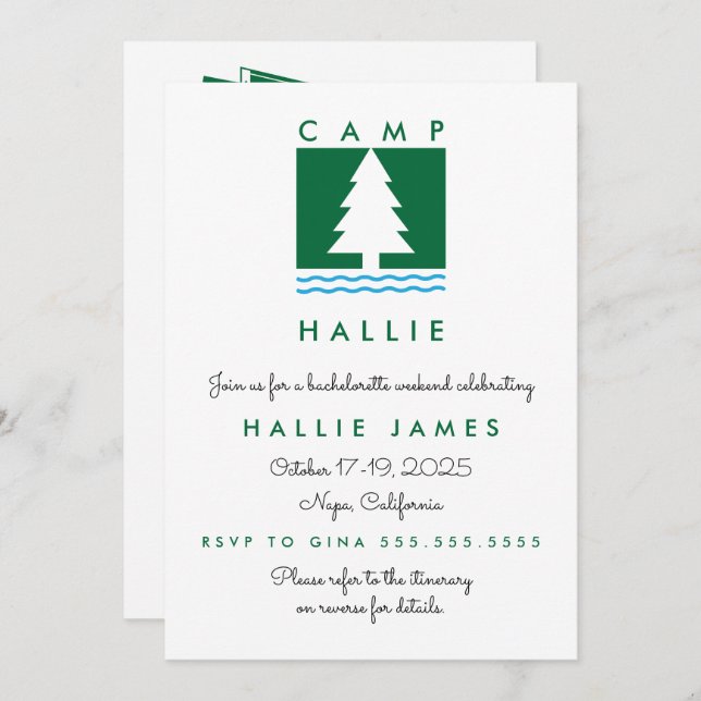 Camp Bachelorette Bach Weekend Itinerary & Invitation (Front/Back)