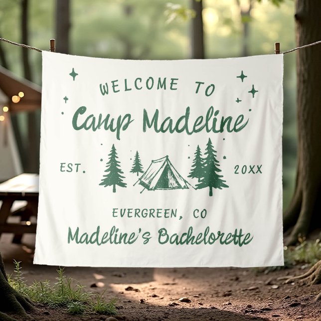 Camp Bachelorette Camping Backdrop Hand Drawn Tapestry (camp bachelorette welcome backdrop hand drawn handwriting hand written camping glamping hiking bach)