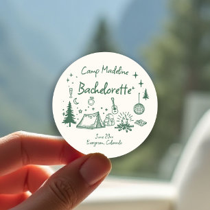 Camp Bachelorette Camping Hand Drawn Writing Green Classic Round Sticker