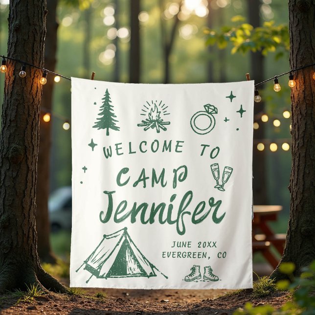 Camp Bachelorette Camping Welcome Green Hand Drawn Tapestry (camp bachelorette welcome sign green hand drawn handwriting hand written camping glamping hiking)