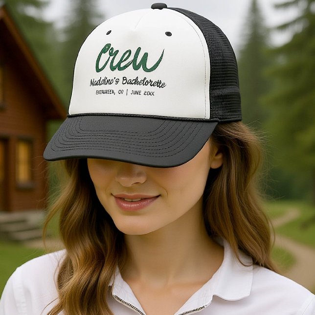 Camp Bachelorette Crew Hand Drawn Writing Green Trucker Hat (camp bachelorette bridesmaid trucker hat handwriting hand written camping glamping hiking bach)