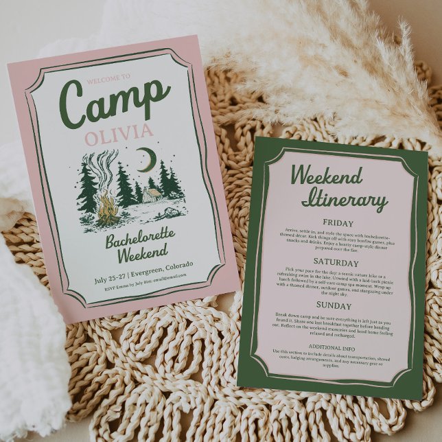 Camp Bachelorette Green Glamping Itinerary  Invitation (camp bachelorette party)